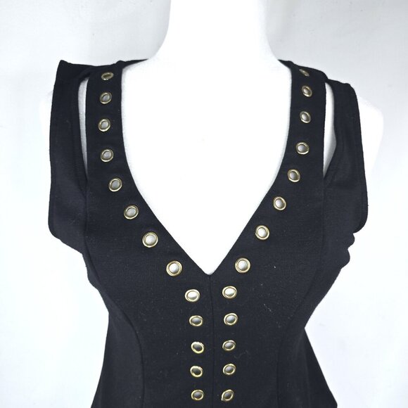 Guess Black Gold Rivet Studded V Neck Sleeveless Peplum Top ModWife Whimsigoth - Picture 8 of 8